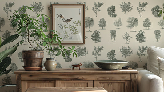 Evergreen Wallpaper Close Up with a Bird Painting and a Cupboard Unit