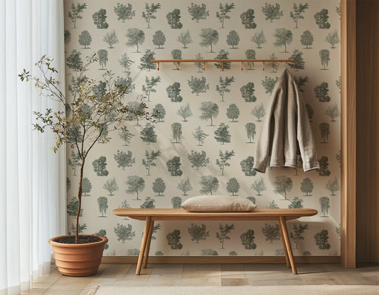 Evergreen Wallpaper in a Rustic Hallway