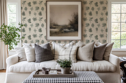 Evergreen Wallpaper in a Traditional Living Room with a White sofa and Cushions