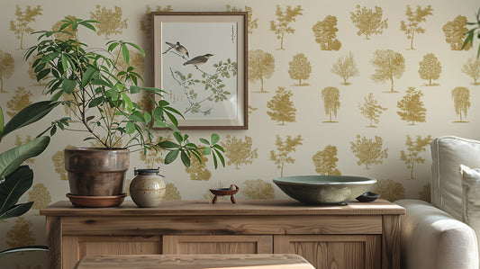 Evergreen Mustard Wallpaper Close Up with a Bird Painting and a Cupboard Unit