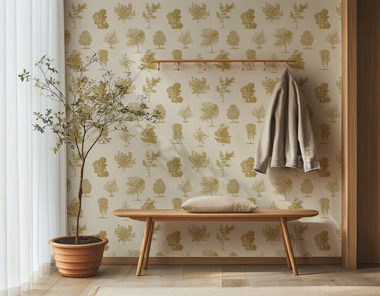 Evergreen Mustard Wallpaper in a Rustic Hallway