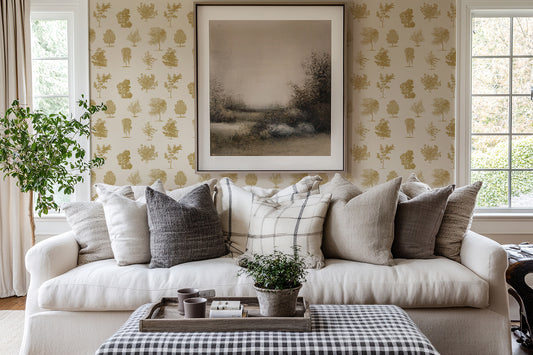 Evergreen Mustard Wallpaper in a Traditional Living Room with a White sofa and Cushions
