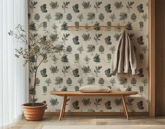 Evergreen Olive Wallpaper in a Rustic Hallway