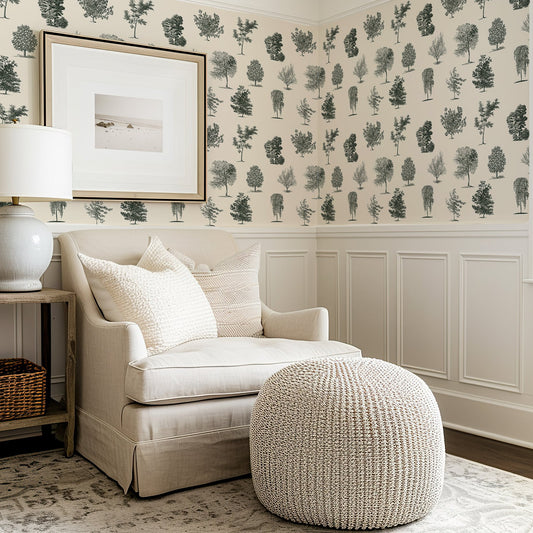 Evergreen Olive Wallpaper with a Snug Chair and Side Table