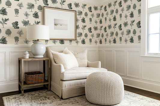Evergreen Olive Wallpaper with a Snug Chair and Side Table