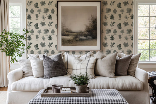 Evergreen Olive Wallpaper in a Traditional Living Room with a White sofa and