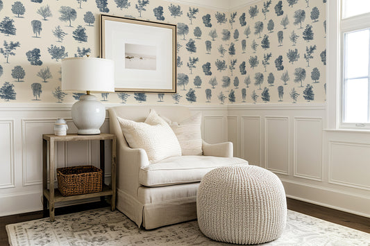 Evergreen Royal Blue Wallpaper with a Snug Chair and Side Table