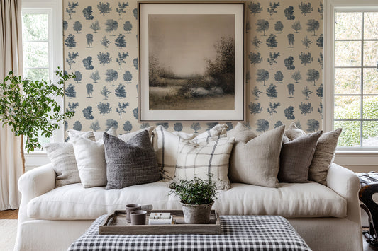 Evergreen Royal Blue Wallpaper in a Traditional Living Room with a White sofa and Cushions