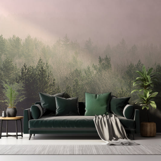 Forest Haze Wallpaper In Living Room With Dark Black Green Sofa And Plants