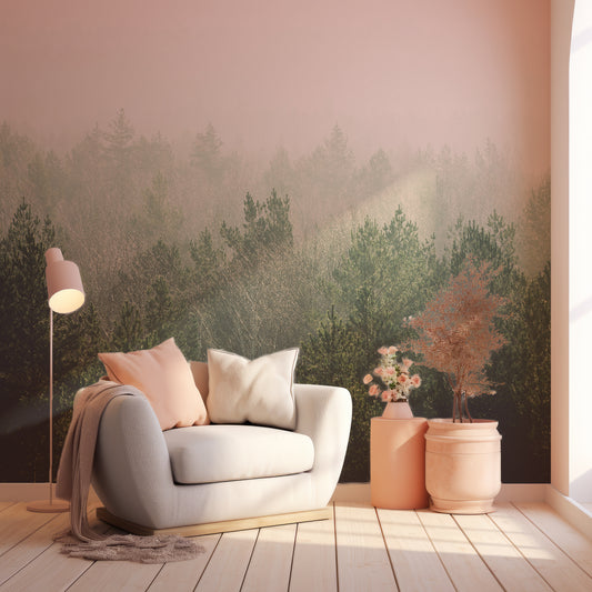 Forest Haze Wallpaper In Room With Grey Chair With Pastel Cushion, Lights And Vases With Flowers & Plants