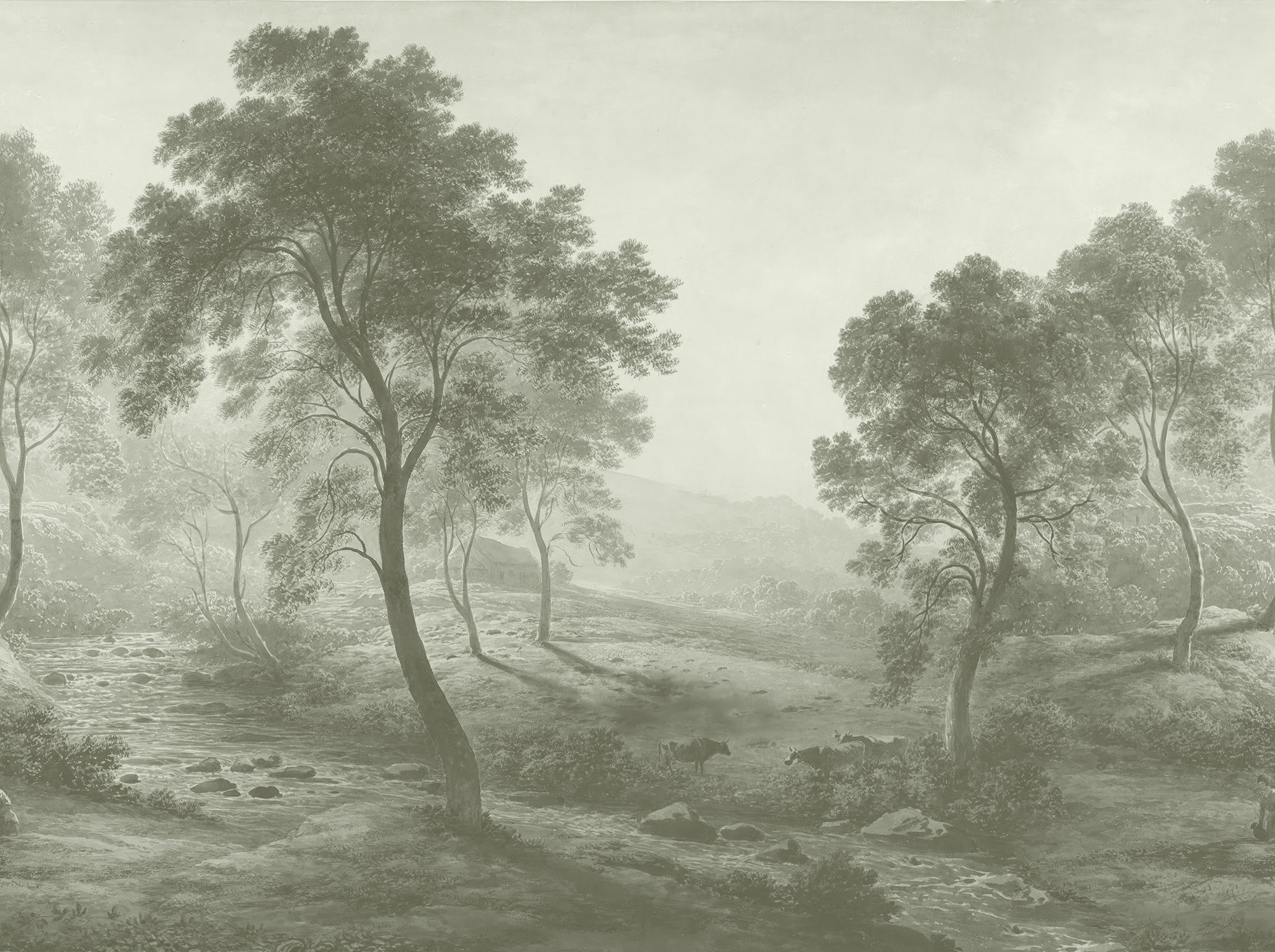 Forest Hudson Wallpaper Landscape with trees and a stream in a misty setting