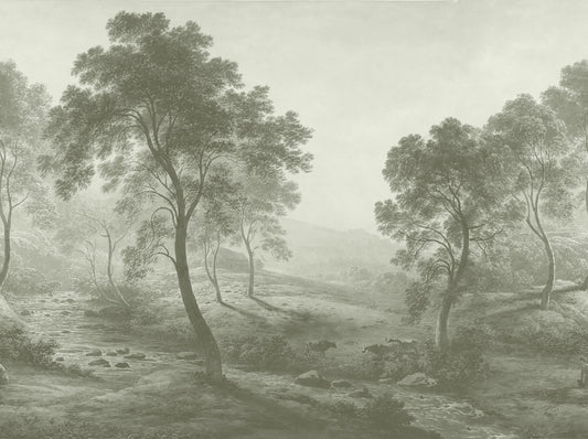 Forest Hudson Wallpaper Landscape with trees and a stream in a misty setting