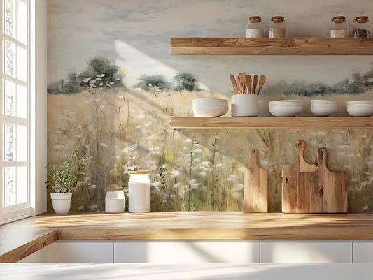 Foxglove Wallpaper in a Wooden Kitchen