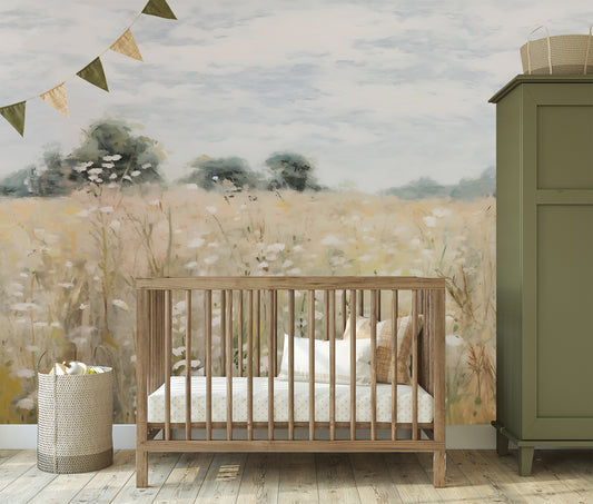 Foxglove Wallpaper in a Nursery with a Wooden Cot