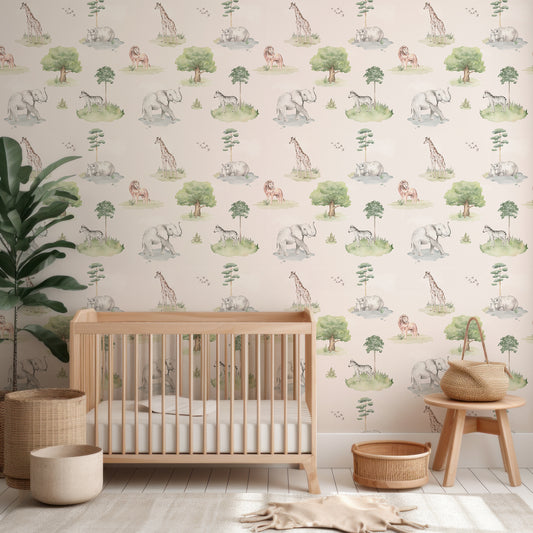 Geo Wild Wallpaper In Nursery With Wooden Crib And Green Plant And Wooden Stools