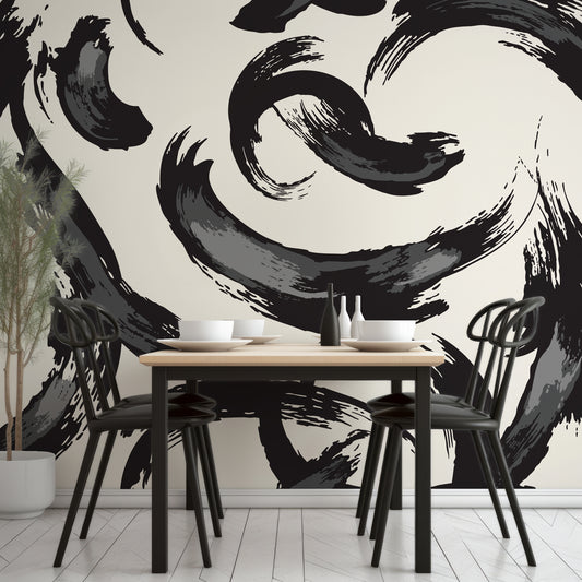 Gergo Wallpaper In Dining Room With Black Tables And Chairs With Wooden Table Top