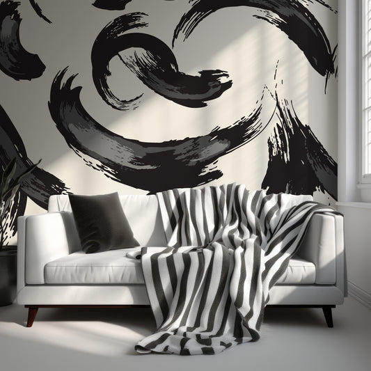 Gergo Wallpaper In Living Room With White Sofa With Black & White Blankets