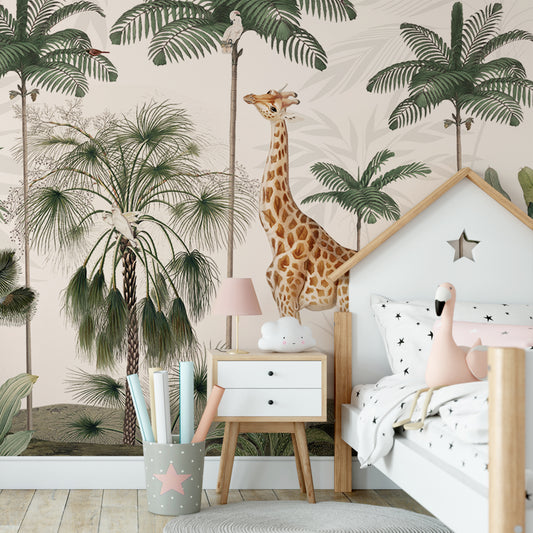 Gracious Giraffes Wallpaper In Girl's Pink Flamingo Bedroom