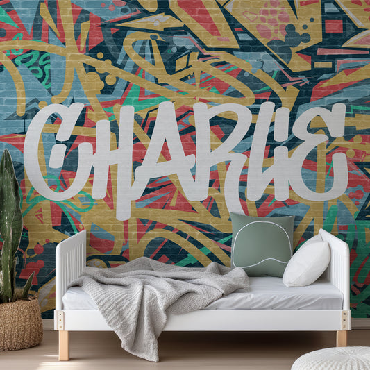 Graffiti Expressions In Child's Bedroom With Green Bedding With White Bed And White Bed Frame