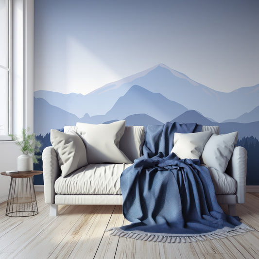 Grapeted In Living Room With Wooden Floor, Windows, Plants And Large Blue Sofa