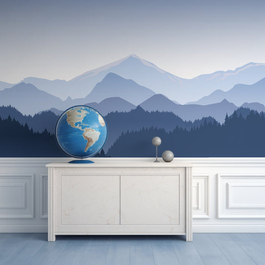 Grapeted Wallpaper In Room With Wooden Cabinet And World Globe On Top
