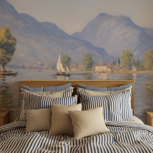A cottage core bed with striped bedding against a serene lake painting scene