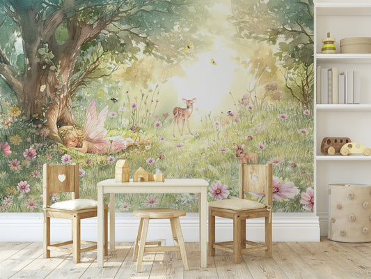 Haisley Wallpaper in a Play Room with Wooden Chairs and Table