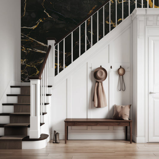 Inisonies Wallpaper In Hallway With Dark Wooden And White Stairway