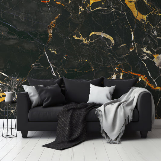 Inisonies Wallpaper In Living Room With Dark Black Slofa And Grey And Black Blankets With Small Black Coffee Table