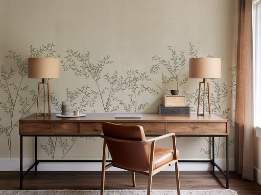 Wooden desk with a chair in a room with decorative wall paper