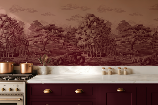 Kitchen with maroon wallpaper featuring a landscape design.
