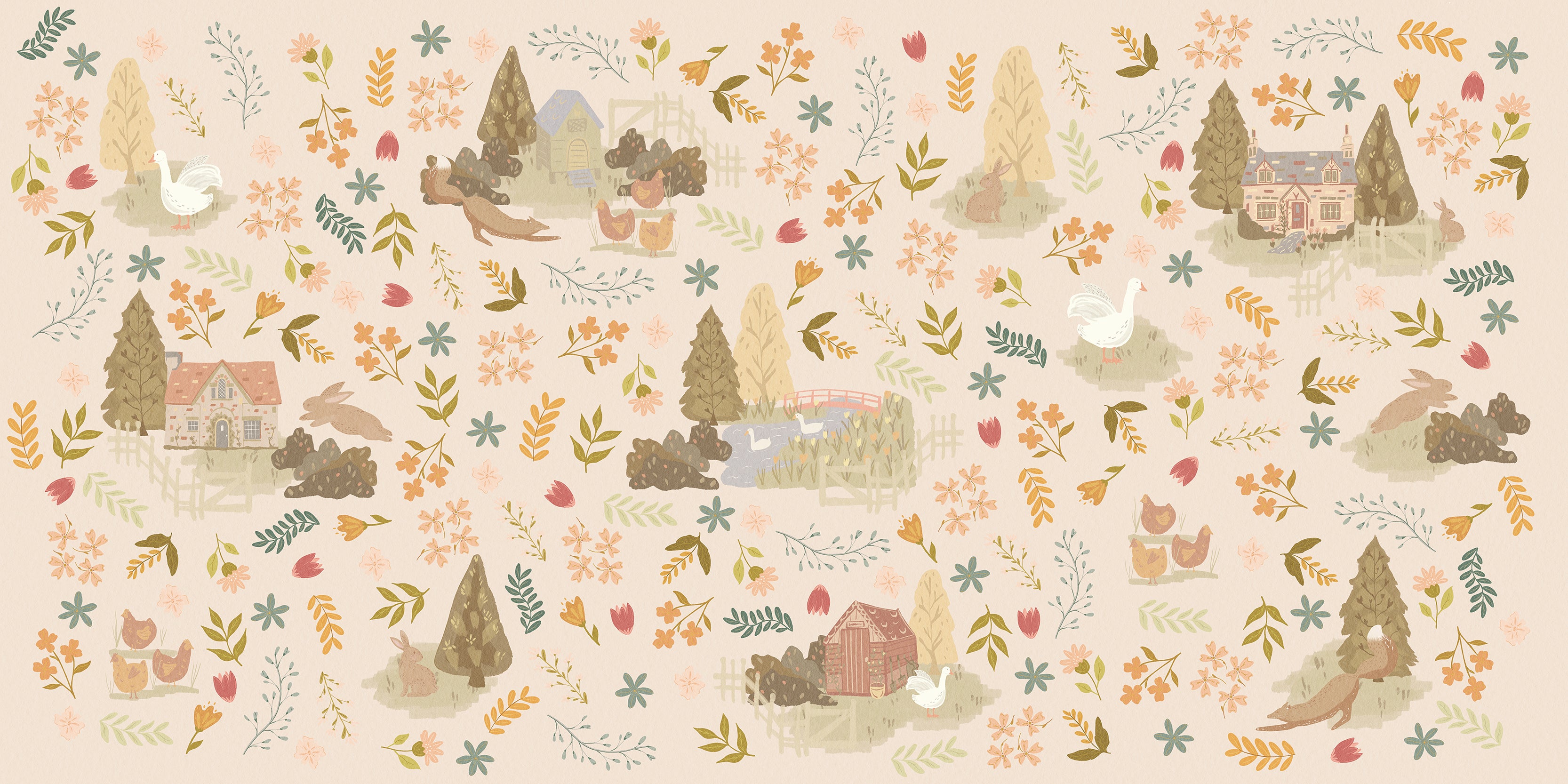 Juniper Countryside Animals and Flowers in a Nature Scene Wallpaper Mural Full Image