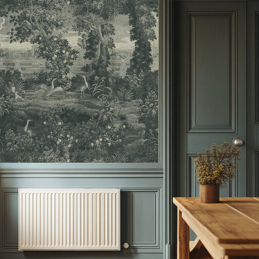 Katharine Indigo Wallpaper with a radiator on a wall with decorative wallpaper and a wooden table.