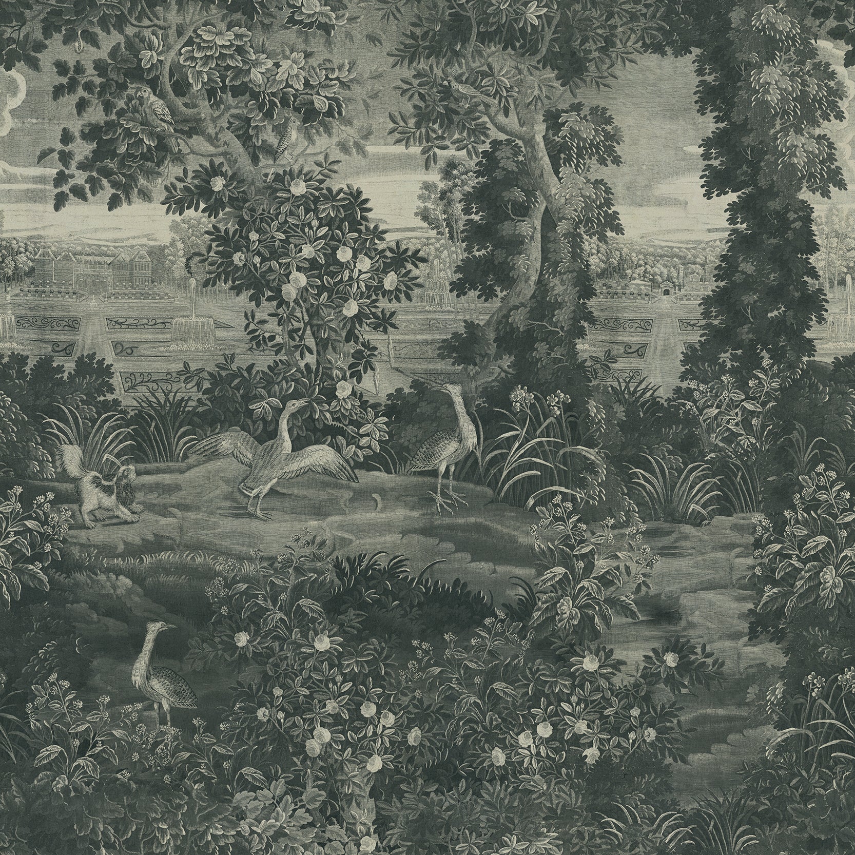 Katharine Indigo Wallpaper vintage-style illustration of a natural landscape with animals and foliage.