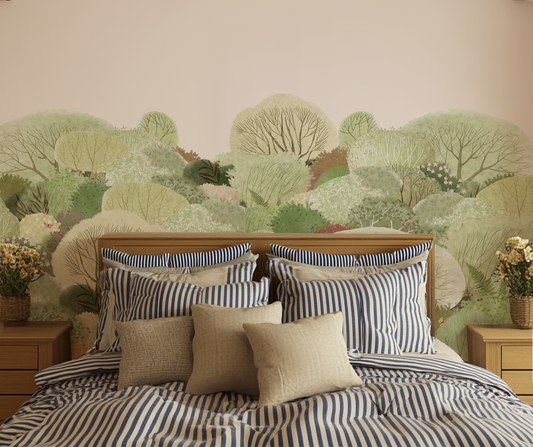 soft watercolor forest mural in a cottage bedroom with striped bedding and two bedside tables