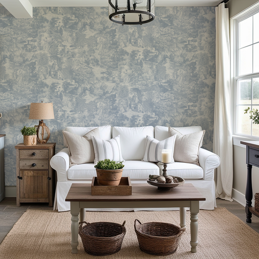 Living room with a white sofa, wooden coffee table, and patterned wallpaper.