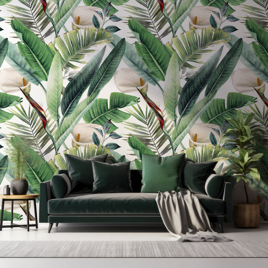 Liledge Wallpaper In Living Room With Dark Black Green Sofa And Plants