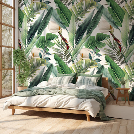 Liledge Wallpaper In Bedroom With Green Bedding On White Wooden Bed With Very Tall Windows With Light Shining Through