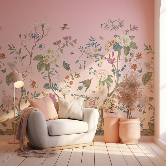 Lily Lane Orchard Pink In Room With Grey Chair With Pastel Cushion, Lights And Vases With Flowers & Plants