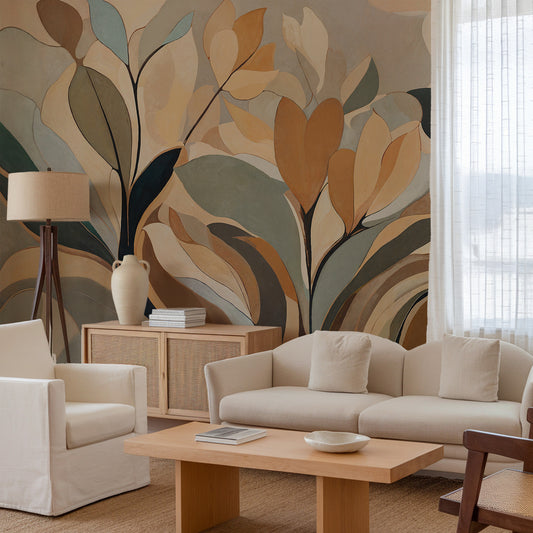 Living room with beige sofa, armchair, and coffee table against a decorative wall with leaf patterns.