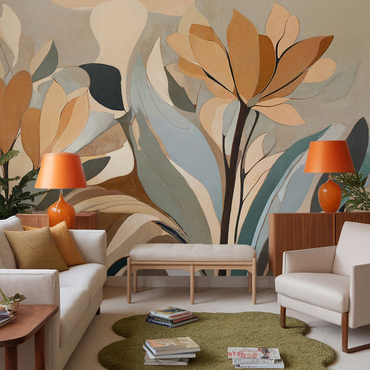 Living room with floral wall mural, orange lamps, and beige furniture.