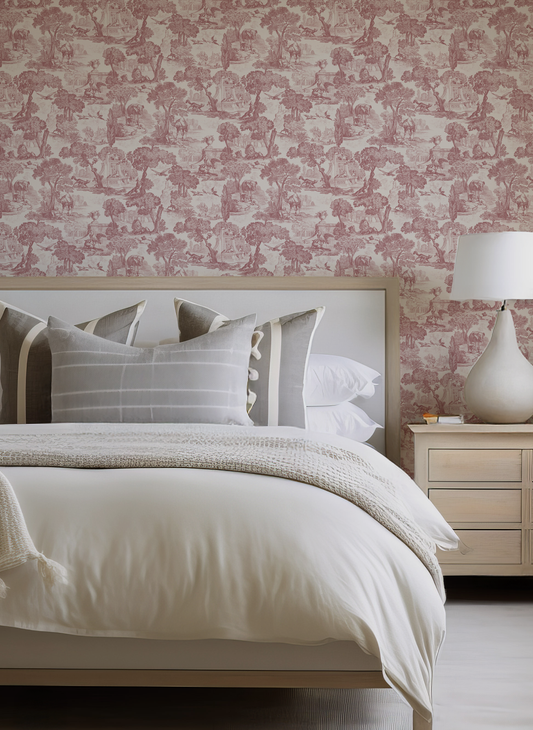 A neutral bedroom with white covers and cushions. Against a pink toile inspired wallpaper