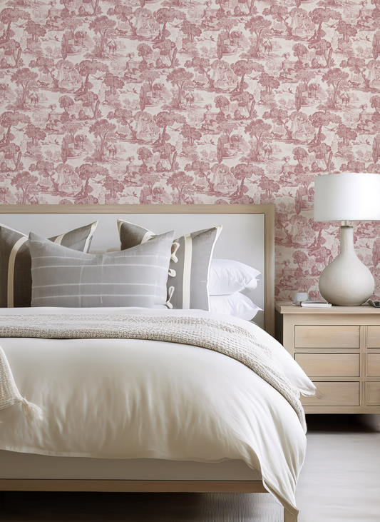 Bedroom with floral wallpaper, bed with pillows, and nightstand with lamp.