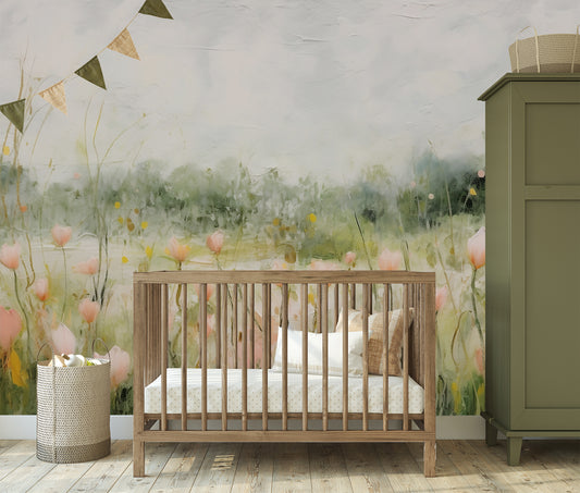 Maria Wallpaper in a Nursery with a Wooden Cot
