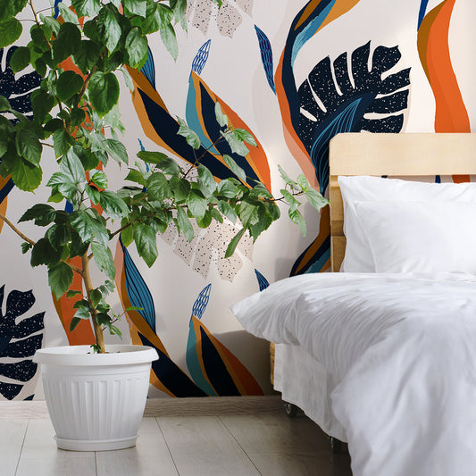 Midnight Monstera Wallpaper In Bedroom WIth Large Green Plant In White Plant Pot