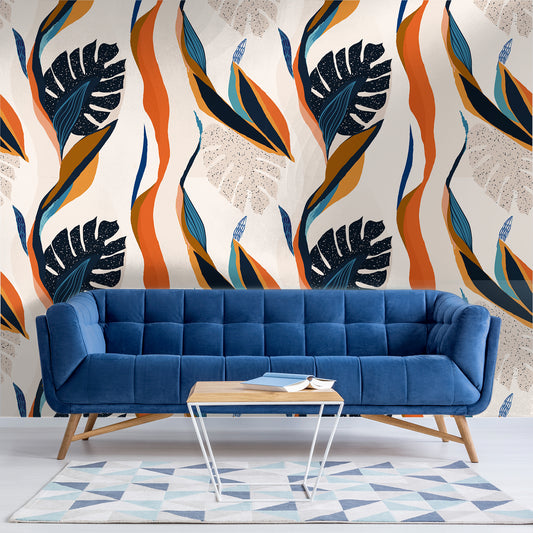 Midnight Monstera - Papier peint feuilles tropicales bleu foncé et orange