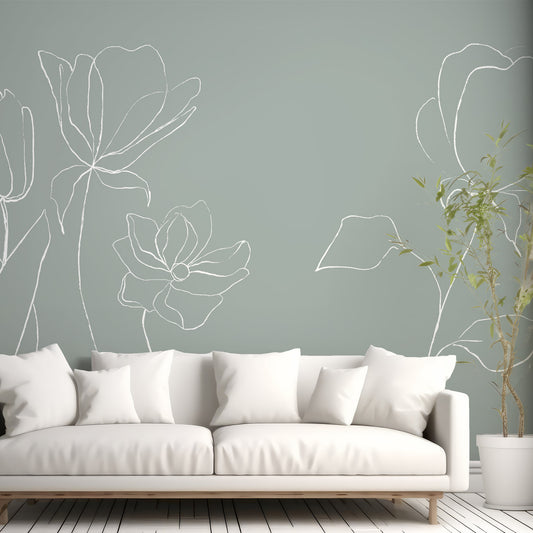 Minimal Flowers Wallpaper In Living Room With White Sofa And Green Plant In White Plant Pot