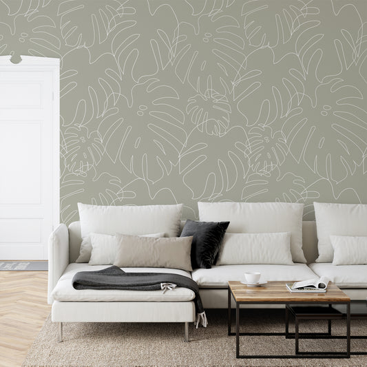 Minimal Monstera Green Wallpaper In Living Room With White Sofa