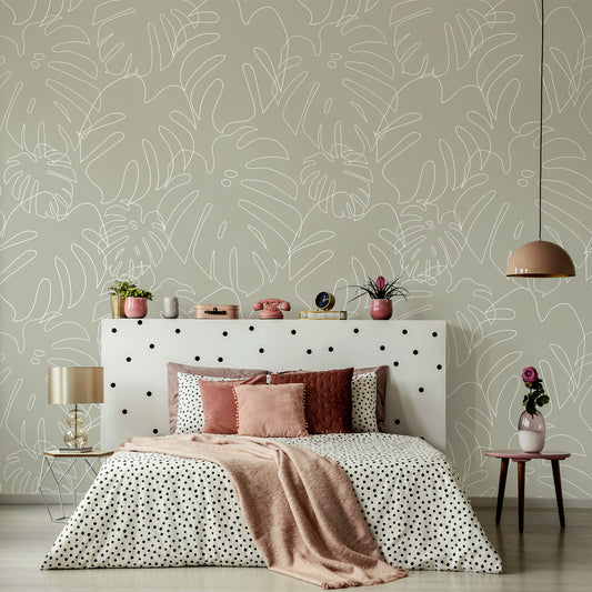 Minimal Monstera Green Wallpaper Ladies Bedroom With Polka Dot Bed