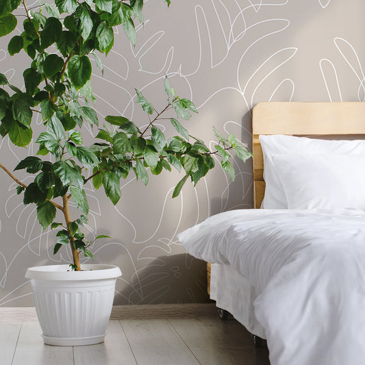 Minimal Monstera Sand Wallpaper In Bedroom With Large Green Plant